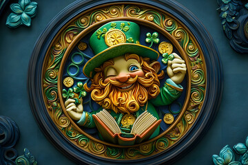 Obraz premium St. Patrick's Day abstract green background decorated with shamrock leaves. Patrick Day pub party celebrating. Abstract Beer art design magic backdrop. Widescreen clovers on black with copy space 