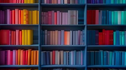 Colorful books arranged by spectrum colors on wooden library shelves creating rainbow gradient effect, from warm reds through yellows to cool blues and teals.