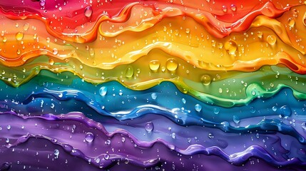 Vibrant rainbow colored waves with water drops creating dynamic flowing pattern. Abstract multicolored background with liquid motion effect and transparent bubbles.
