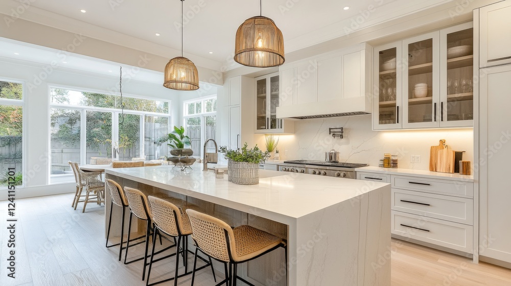 Poster a stylish minimalist kitchen with sleek cabinetry, a large island, and minimal decor, emphasizing fu
