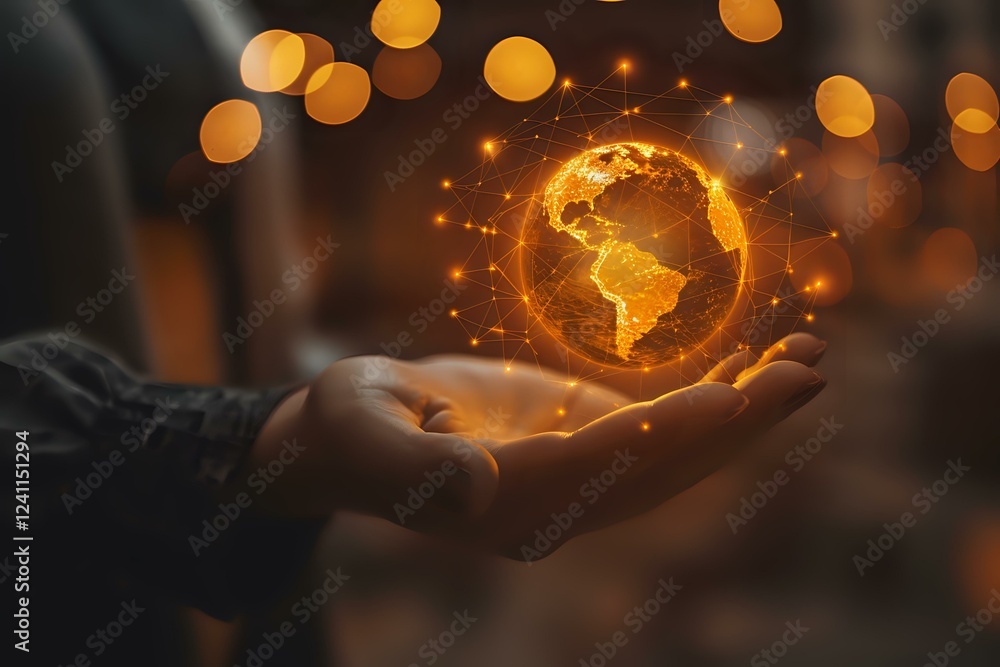 Poster glowing golden holographic earth globe floating above open palm with digital network connections and