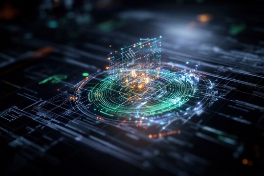 Innovative digital technology concept featuring futuristic data visualization, emphasizing advanced network systems and cyber security solutions for businesses.