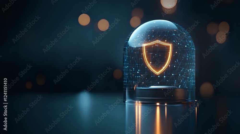 Poster digital shield icon under protective glass dome with glowing network connections and bokeh backgroun