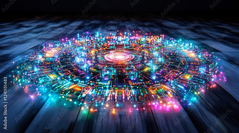 Poster dynamic digital design with swirling colors and patterns embodies technology's essence