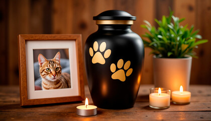 Pet memorial decor with black urn, candles, and framed photo of a beloved cat