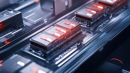 High tech battery cells on assembly line for electric vehicles, showcasing advanced manufacturing processes and innovative technology