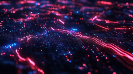 A dynamic digital representation of stock market trends with glowing red and blue lines indicating fluctuations.