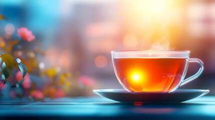 A warm cup of tea sits on a table, emanating steam against a vibrant background, perfect for calming moments.