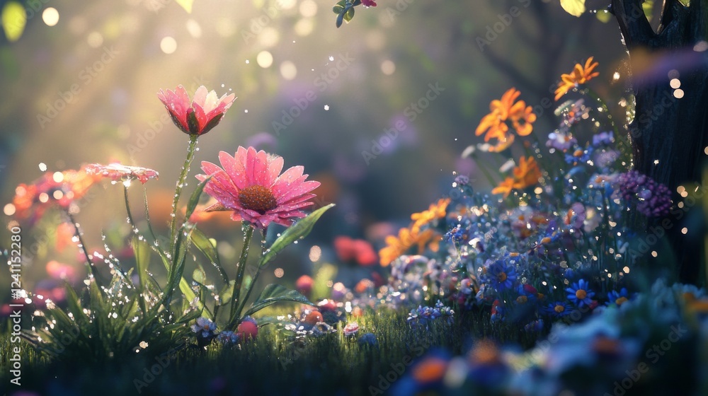 Poster a tranquil garden scene featuring various blooming flowers, each adorned with delicate dew drops, re