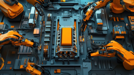 Fototapeta premium High tech robotic arms assembling electric car battery in modern factory. intricate machinery showcases advanced technology and automation in manufacturing
