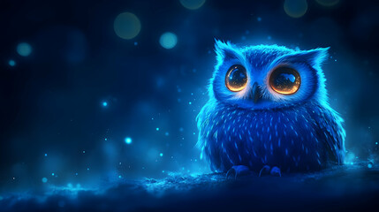 Obraz premium A whimsical blue owl stands in a dreamy, illuminated environment, exuding charm and enchantment.