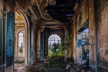 Fototapeta premium Ruined abandoned building overgrown by plants and moss