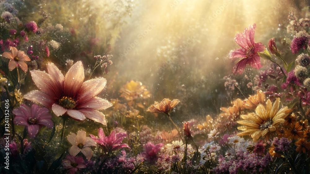 Poster a tranquil garden scene featuring various blooming flowers, each adorned with delicate dew drops, re