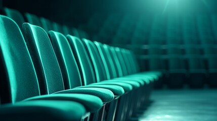 Fototapeta premium Dreamy, unfocused shot of old green theater chairs in a row, capturing their aged character and the quiet of an empty hall