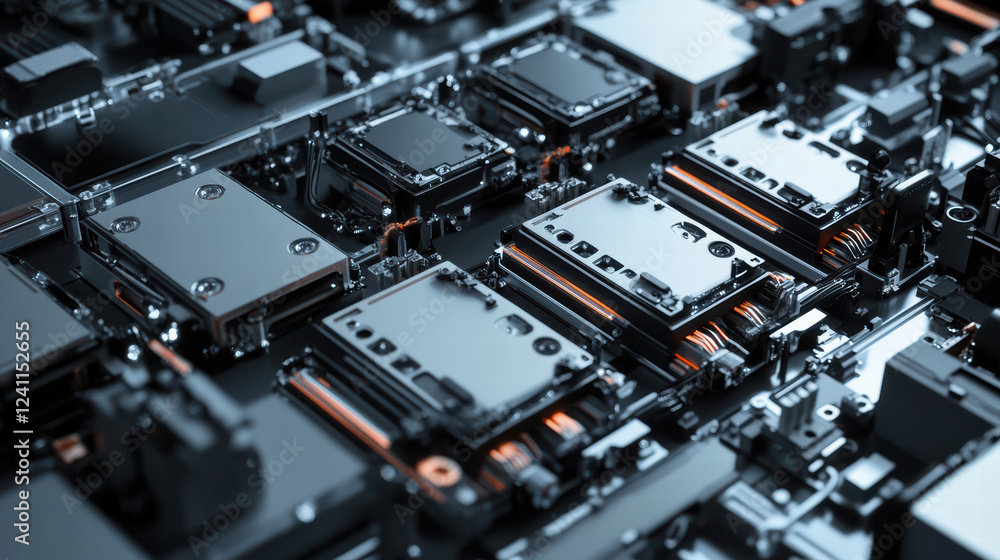 Poster high tech electronic components arranged in complex pattern, showcasing intricate designs and metall