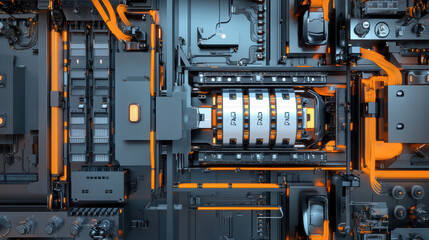 Fototapeta premium High tech robot assembly line featuring electric car battery cells, showcasing intricate machinery and vibrant orange accents. scene highlights advanced manufacturing technology