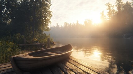 Tranquil Morning at a Serene Lake with a Wooden Boat and Mist