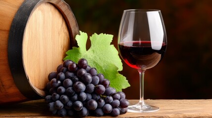 A glass of red wine beside a wooden barrel and fresh grapes on a rustic table, evoking a vineyard ambiance