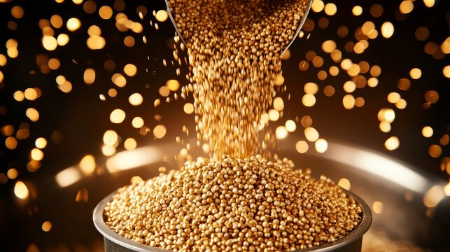 Dynamic shot of beer malt grains being poured in bulk, grains in mid-air, illuminated by soft golden light in a craft brewing space
