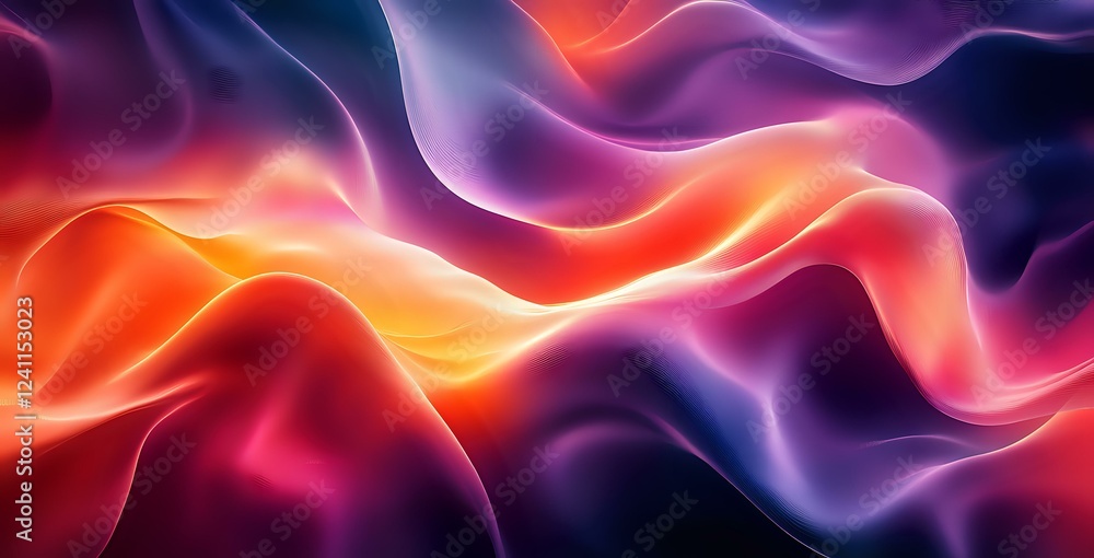 Poster vibrant flowing waves of orange, purple and red create dynamic abstract background with smooth gradi