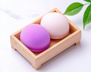 Colorful dessert mochi served in a wooden tray with a green leaf accent.