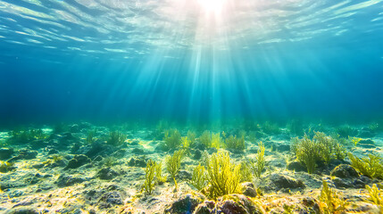 Fototapeta premium Dynamic water splash, bubbles, ripples, underwater light rays and tranquil ocean views