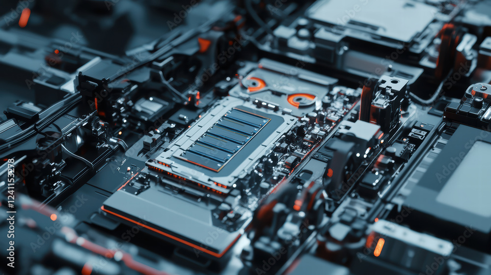 Poster close up view of futuristic electronic circuit board with intricate components, showcasing advanced 
