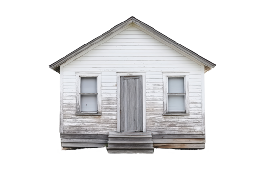 Isolated Old Weathered White Wooden House with Steps