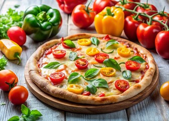 Minimalist Cheese Pizza with Bell Peppers & Tomatoes - Stock Photo
