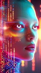 Fototapeta premium Ai-driven cyber beauty: a high-tech futuristic portrait blending digital aesthetics with neon cyberpunk themes, suitable for sci-fi visuals, ai concepts, and futuristic branding.
