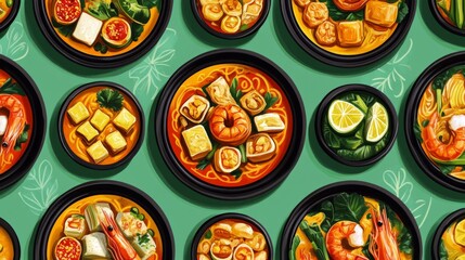A vibrant overhead shot of a variety of  served with different proteins, such as chicken, tofu, and shrimp, showcasing the versatility and appeal of this classic dish.