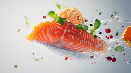 Fresh Salmon Fillet with Herbs and Citrus Splashing on Gray Background