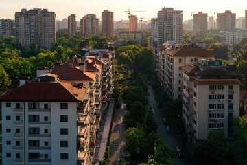 Apartment Buildings and Cityscape at Sunset