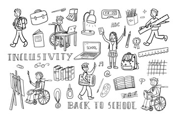 Obraz premium Inclusivity. Inclusive education. School students. School kids in a wheelchair. Teen boy in a wheelchair. Back to school. Doodle style. Great for banner, posters, professional design.