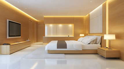 Fototapeta premium Modern Minimalist Bedroom Design, Warm Wood Accents, Plush Bed, Integrated Lighting, and Sleek Furnishings Enhance Relaxation.