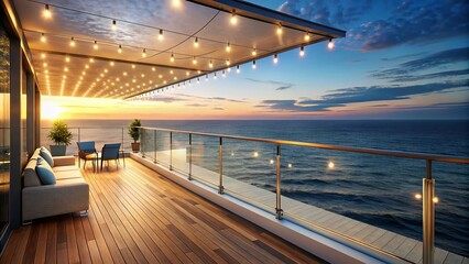 Modern Balcony Ocean View: Glass Railings, Retractable Awning, Bokeh