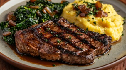 A vibrant plate of bistecca served with a side of creamy polenta and sauted greens, showcasing the rich flavors and beautiful presentation of a traditional Italian meal.