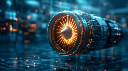 Close-up of a futuristic jet engine showcasing intricate design and glowing elements in a high-tech setting.