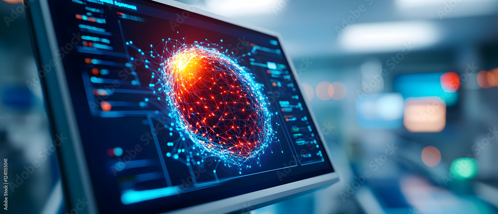 Aufkleber close-up of a high-tech screen displaying digital holographic data visualization in a modern laborat