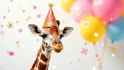 Fototapeta premium Cute giraffe birthday portrait. Giraffe on the background of balloons, birthday, party, pet, decoration.