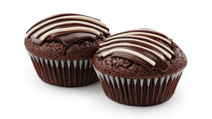 Elegant composition of two chocolate muffins with slight shadows on a white surface, presenting a clean and professional culinary image