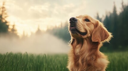 Golden retriever gazing thoughtfully in a serene grassy field during a misty sunset, nature's beauty