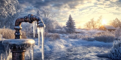Frozen Faucet in a Winter Wonderland: A Serene Icy Landscape