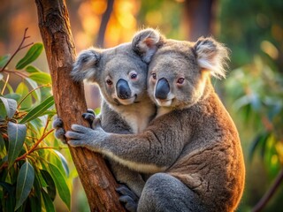 Obraz premium Minimalist Koala Couple Cuddling in Eucalyptus Tree - Romantic Wildlife Stock Photo