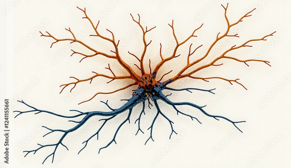 Poster A tree with blue and orange branches. The branches are intertwined and the tree is very detailed. The image has a sense of depth and complexity
