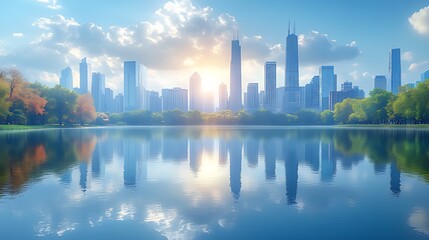 Obraz premium Cityscape sunrise reflection, lake park, autumn