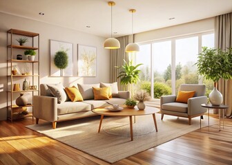 Fototapeta premium Minimalist Living Room: Cozy Natural Light, Elegant Decor, Panoramic Interior Design