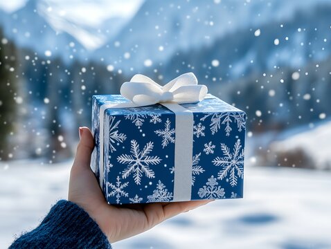 Winter gift box, Woman holding blue gift box with snowflake pattern in snowy landscape, suitable for winter holidays, christmas, new year, celebration, event and seasonal marketing