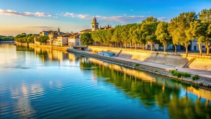 Fototapeta premium Serene quayside scene with Rh?ne River flowing gently through Arles , water features