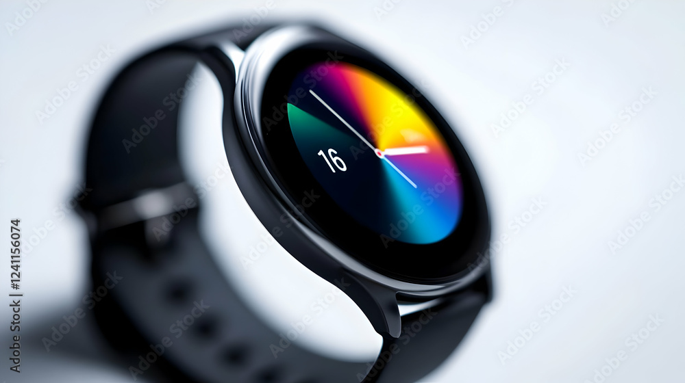 Poster close-up of a sleek smartwatch displaying a vibrant interface with colorful graphics and a modern de